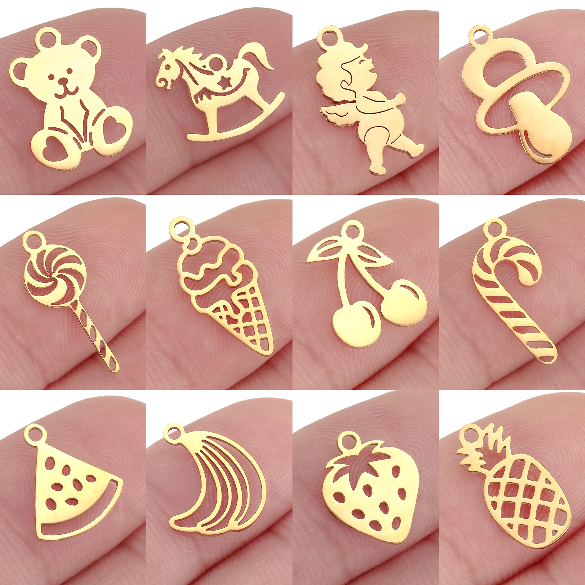 5Pcs Sweet Cherry/Strawberry/Ice Cream/Bear Charm Stainless Steel Mother Day Unique Pendant Diy Necklace/Bracelet Jewelry Making