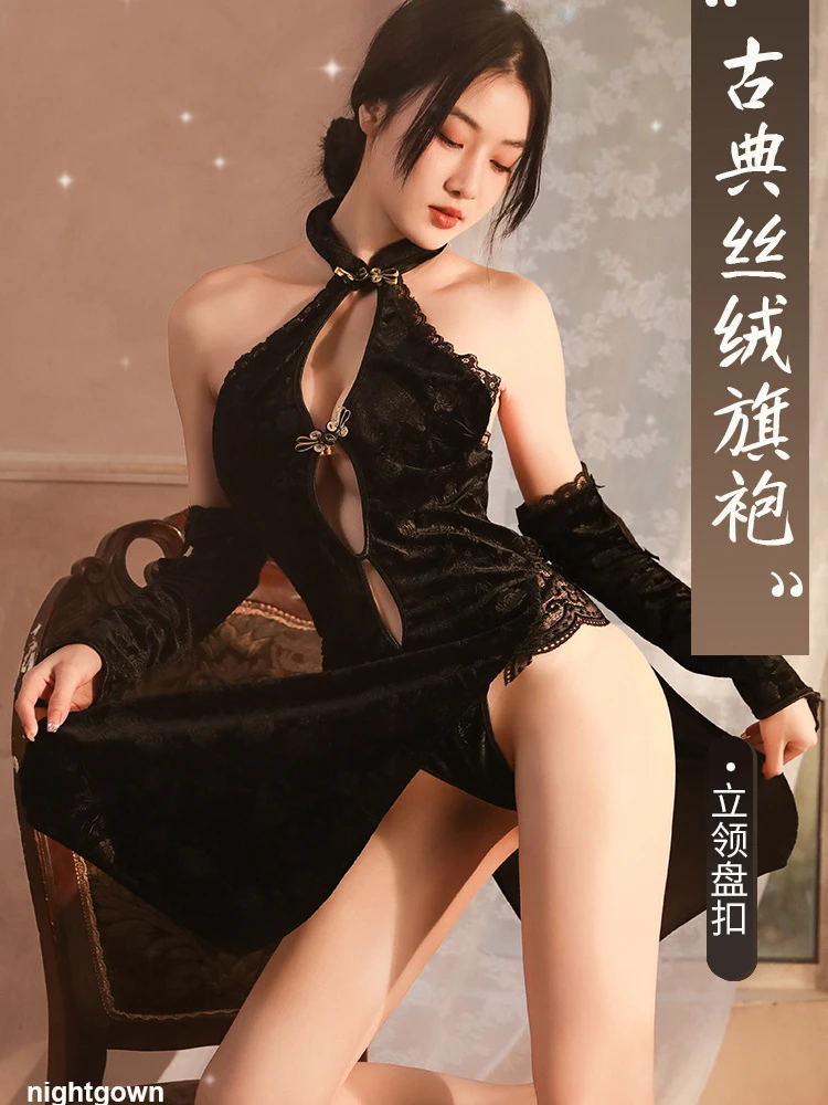 Sexy Hollow Backless Chinese Cheongsam Anime Lingerie Cosplay Velvet High Split Retro Qipao Dress Ladies Sex V Neck Nightdress