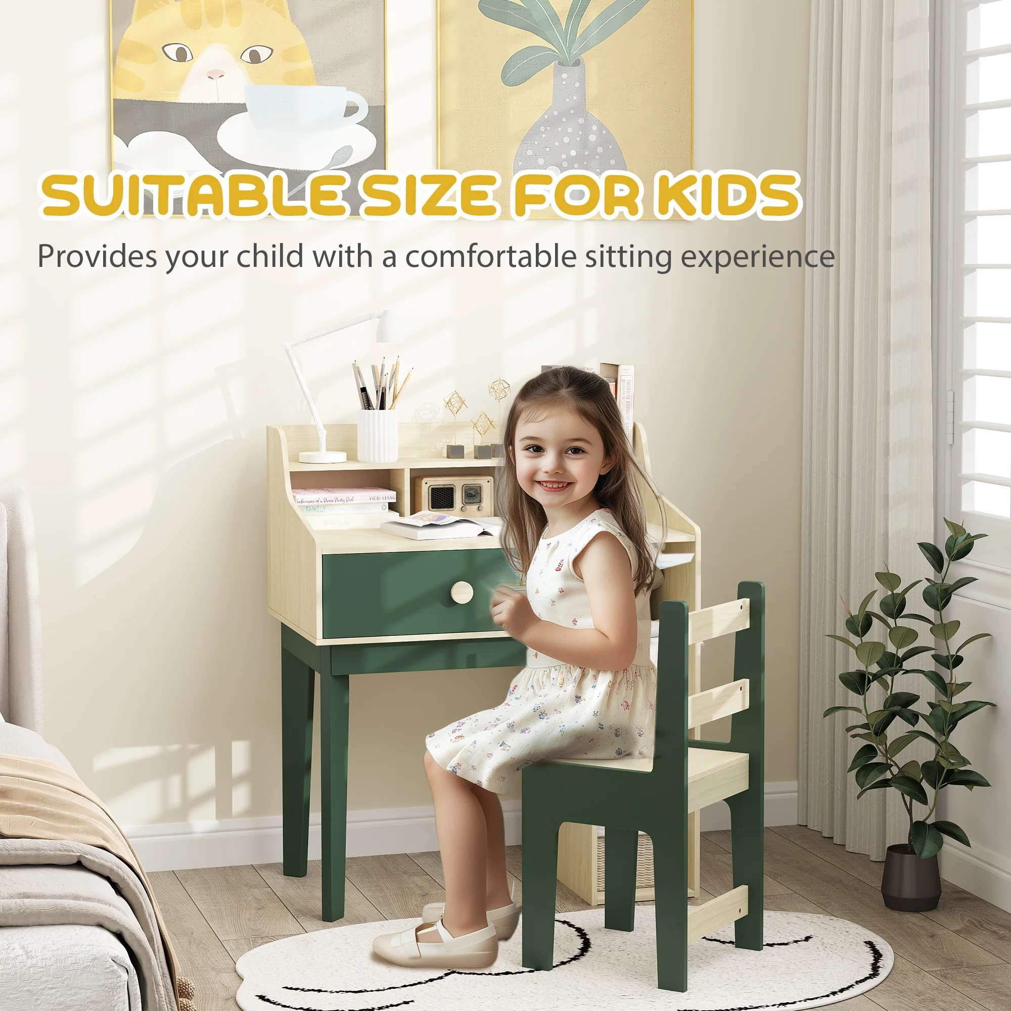AIYAPLAY Kids Desk and Chair Set with Storage Shelves, Drawer, Kids Table and Chair Set for 3-10 Years, Green