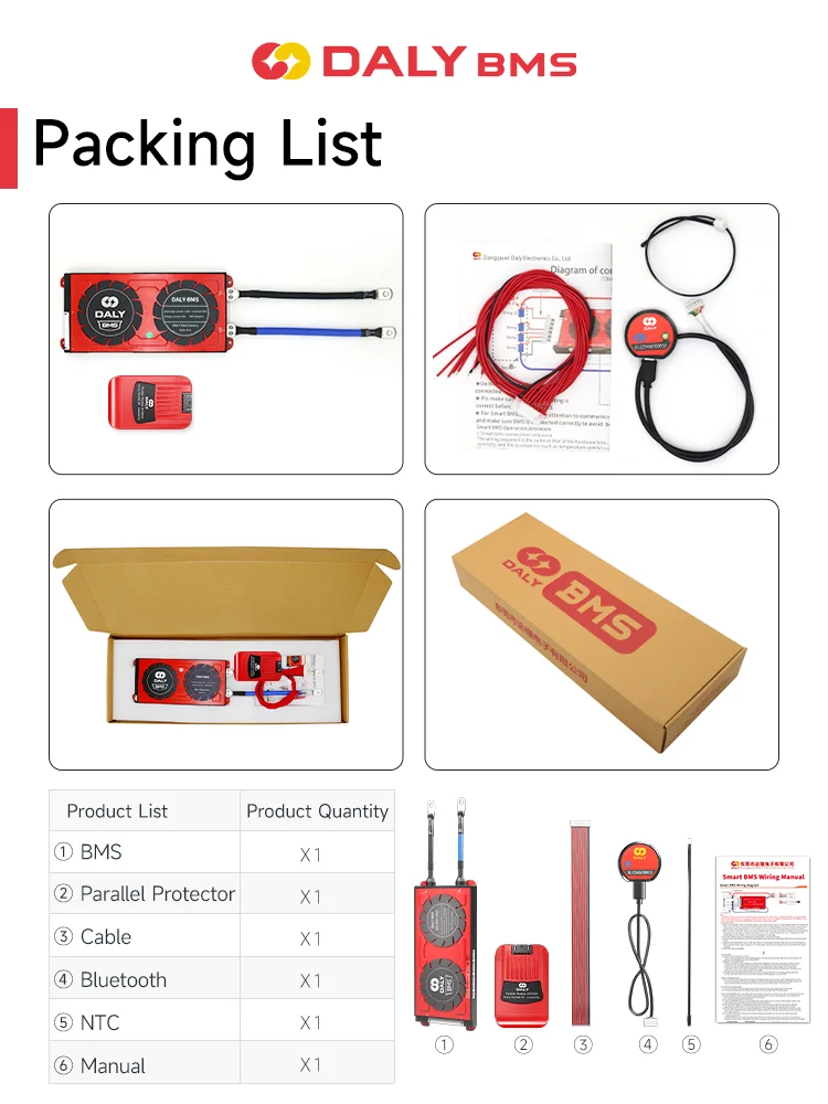 DALY Smart Lifepo4 BMS 3S 4S 8S 10S 12S 13S 16S 24S 12V 24V 36V 48V BMS con BT y módulo paralelo 1A para paquetes de baterías 18650