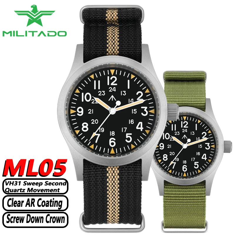 

Militado ML05 38mm Field Watch VH31 Sweep Second Quartz Movement Sapphire Crystal With AR Coating C3 Luminous Military Watches