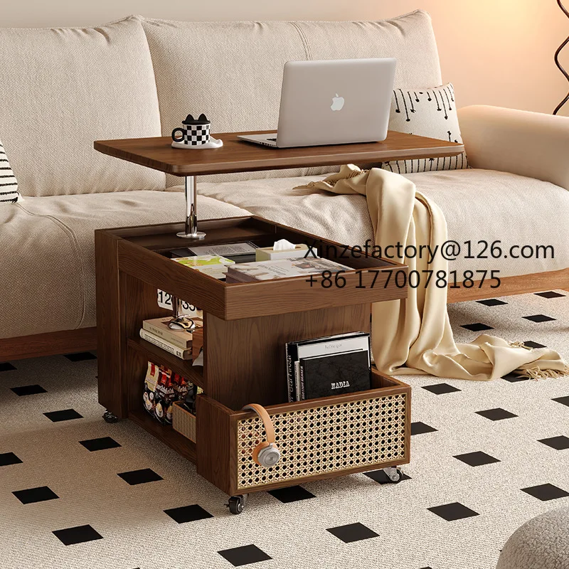 Factory Direct 2026 Top Rated Solid Wood Mobile Coffee Table Lifting Small Apartment Living Room Home Sofa Side Cabinet Cart Sid