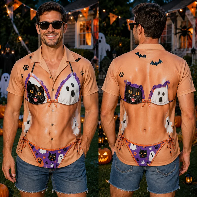 Halloween 3D Print Bikini Illusion Male Shirts Funny Ghost Pumpkin Costume Men's Shirts Short Sleeve Party Wear Holiday Outfit