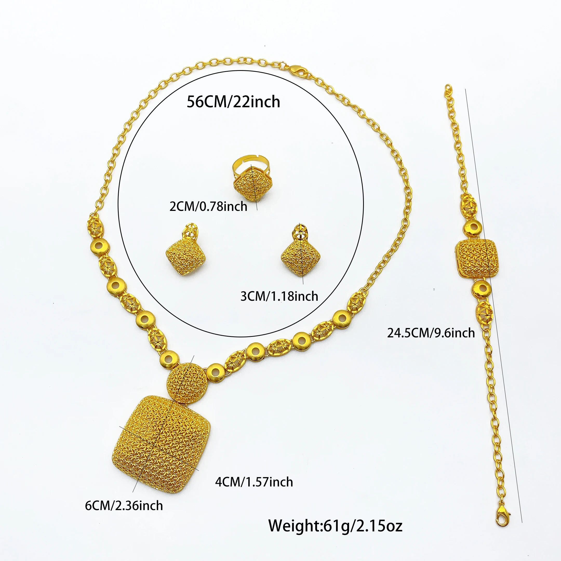Indische Schmucksets für Damen, modische nigerianische 24K Goldfarbene quadratische Halskette, Ohrringe, Hochzeitsarmbänder, Ringe, Brautgeschenk – Detail 6