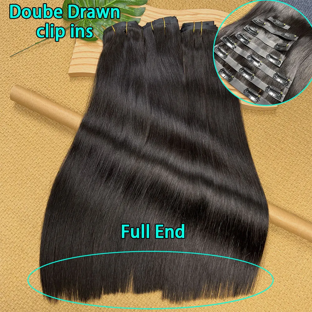 Double Drawn Clip Ins Straight Human Hair Extensions 100% Unprocessed Full Head Virgin Hair Natural Black Color With 100G