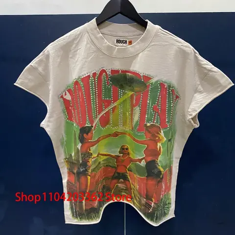 Real Photo Original Label ROUGHPLAY T-shirt Amerikanischen Streetwear Spaß Druck Heißer Bohrer Brief Tops Hip Hop Männer Frauen Kurzarm