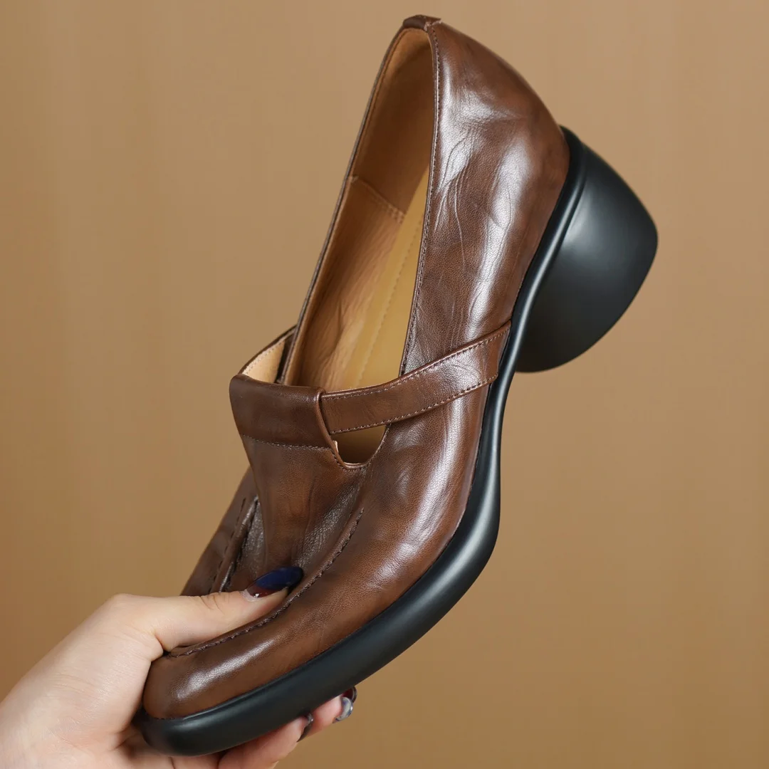 

Women's genuine leather round toe narrow band t-strap slip-on loafers 5cm thick med heel casual female daily heels shoes woman