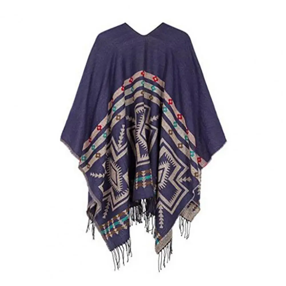 Women Shawl Vintage Print Tassel Irregular Hem Loose Imitation Cashmere Open Sticth Fall Winter Cape Poncho