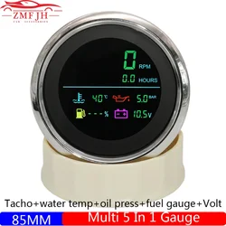 Multi 85MM Gauge 6 In 1 Tachometer+Fuel Level Gauge+Water Temperature Meter+Oil Pressure+Voltmeter for Universal Car Boat 12V24V