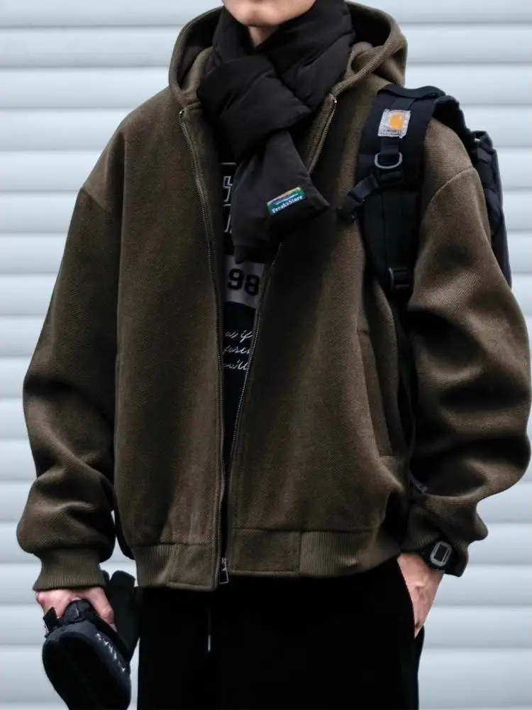 

Retro Japanese Sle Woolen Coat with Hood Long Sve Men's Autumn Winter New Sle Open Cardigan High End Feeling Streetwear