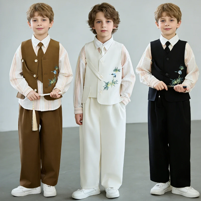 

Boys Chinese Style Flower Bird Embroidery Vest Suit Set Kids Formal Outfit Striped Shirt Pants for Wedding Party Stage Show 10 Y