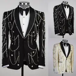 Modern Men's Suits Tailored Beads Chains 1-Piece Blazer Design Luxury Shawl Lapel Customized Plus Size Tuxedo Trajes Para Hombre