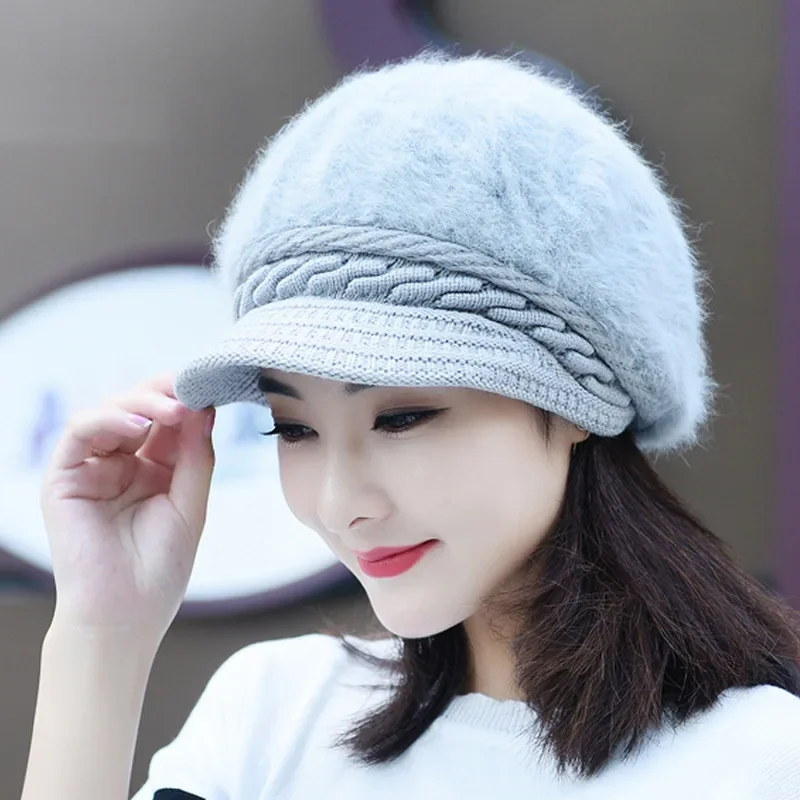 Women Winter Beret Hats Thick Knitted Rabbit Fur Caps Wool Knitted Female Berets Warm Cap Skullies Cabbie Beanies Hats