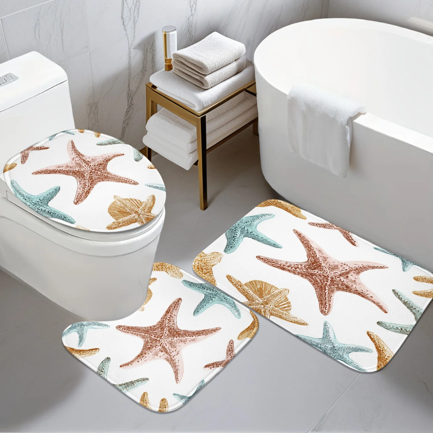 

Набор из 3 предметов с узорами морской звезды и ракушек, U-образные коврики, нескользящие коврики, чехлы на сиденья унитаза, подходят для украшения ванной комнаты.