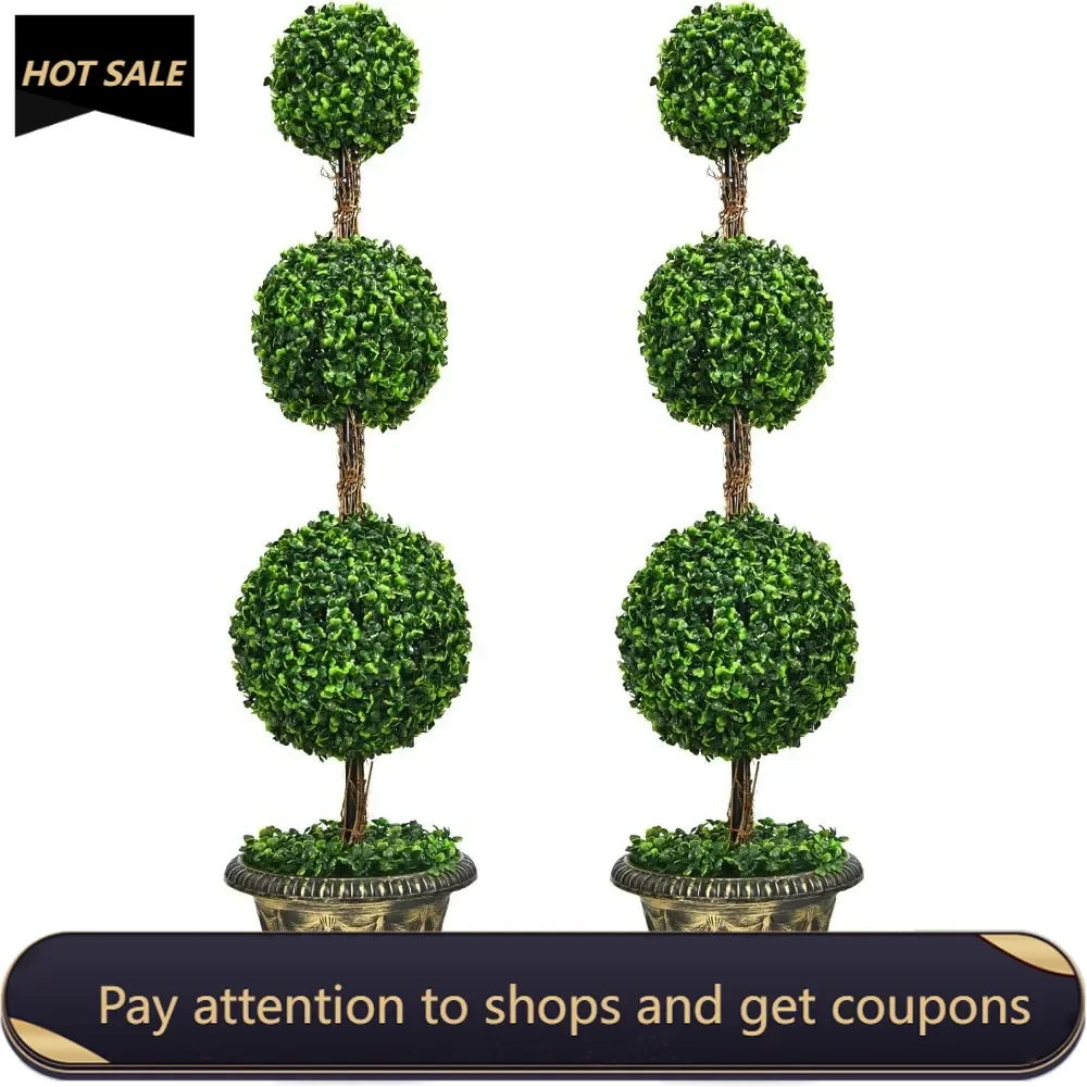 4 Ft 2 Pack Artificial Boxwood Topiary Tree, Fake Greenery Plants Ball Tree, Leaves & Cement-Filled Plastic Flower Pot