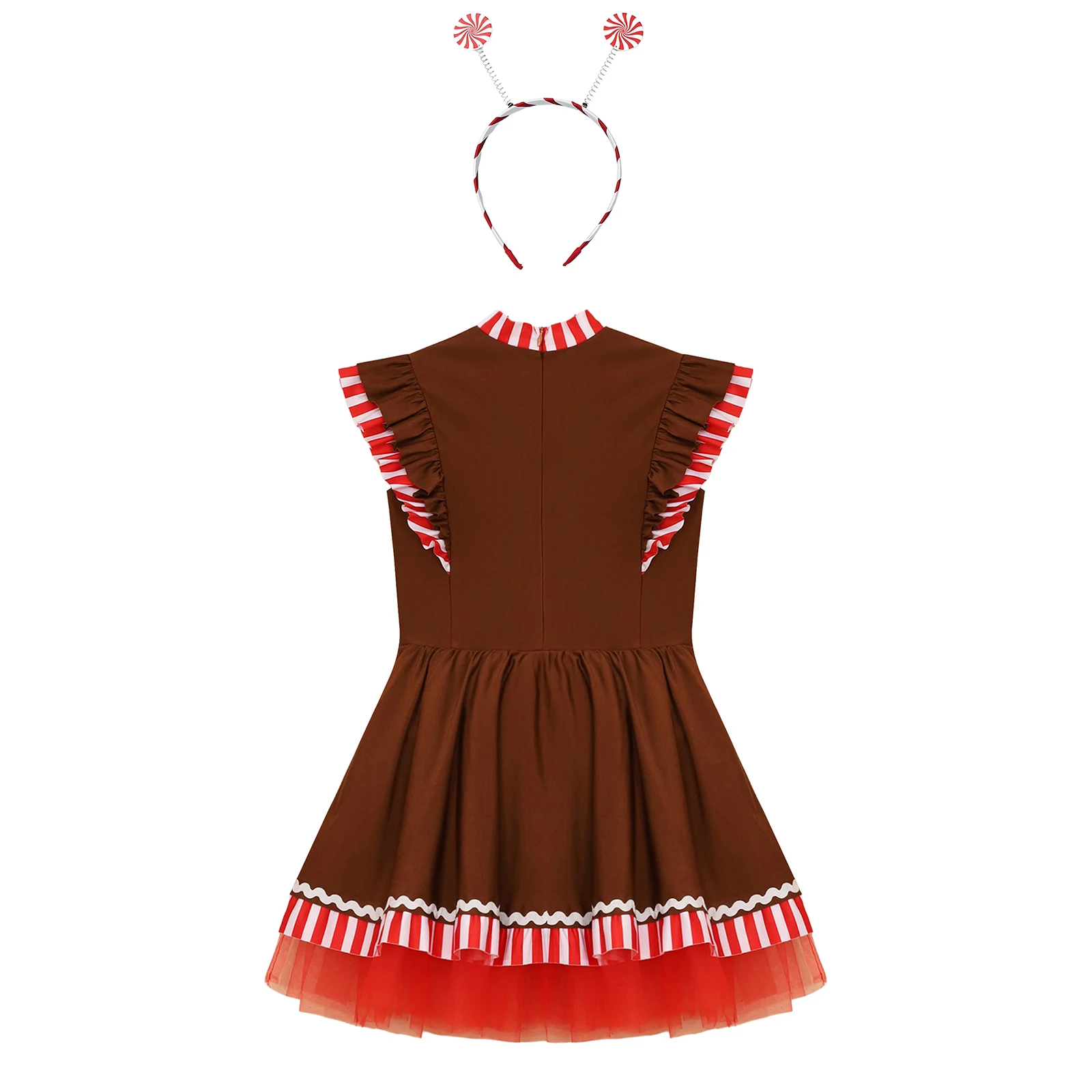 Kids Girls Christmas Flying Sleeve Striped Dance Tutu Leotard Dress with Lollipop Hair Hoop Xmas Gingerbread Man Cosplay Costume
