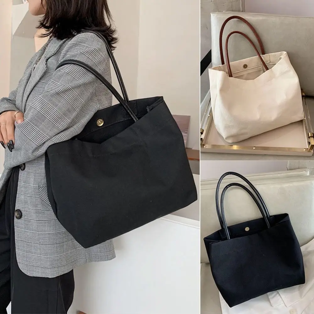 White Black Shoulder Bag Classic Canvas Books Storage Handbag Snap Fastener Tote Bag Student Books Storage Bag