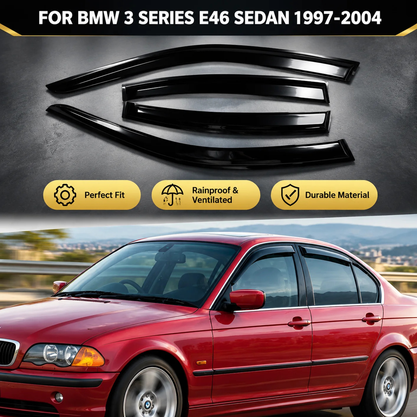 BMW Serie 3 E46 Sedán de 4 Puertas 1997-2004 Viseras Laterales para Ventanas, Protectores de Lluvia de PC Ahumados, Deflectores de Viento, Protectores contra la Intemperie, Parasol Impermeable