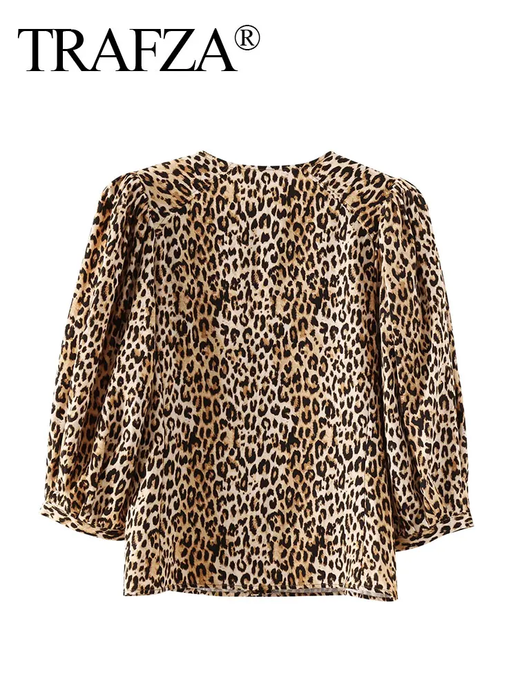 TRAFZA Women Fashion Vintage Leopard Print Blouse Single Breasted O Neck Long Sleeve Shirts Y2k Summer Female Chic Top