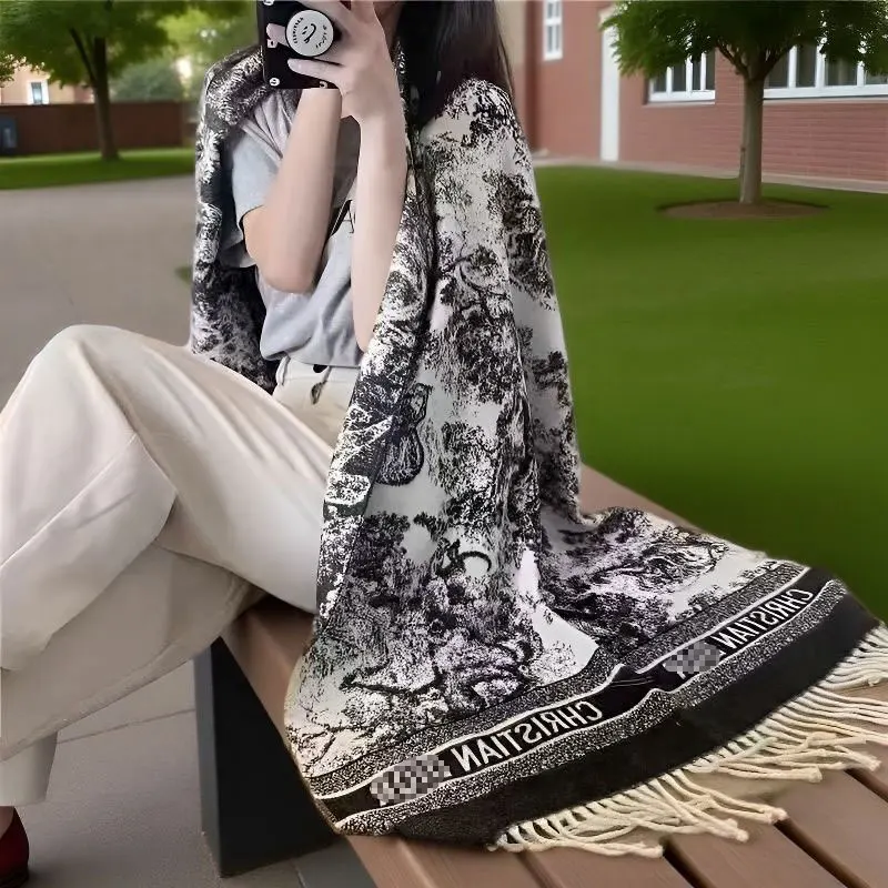 

Autumn Winter Landscape Painting Imitation Cashmere Ink Jacquard Scarf with Tassel Outdoor Office Warm Shawl