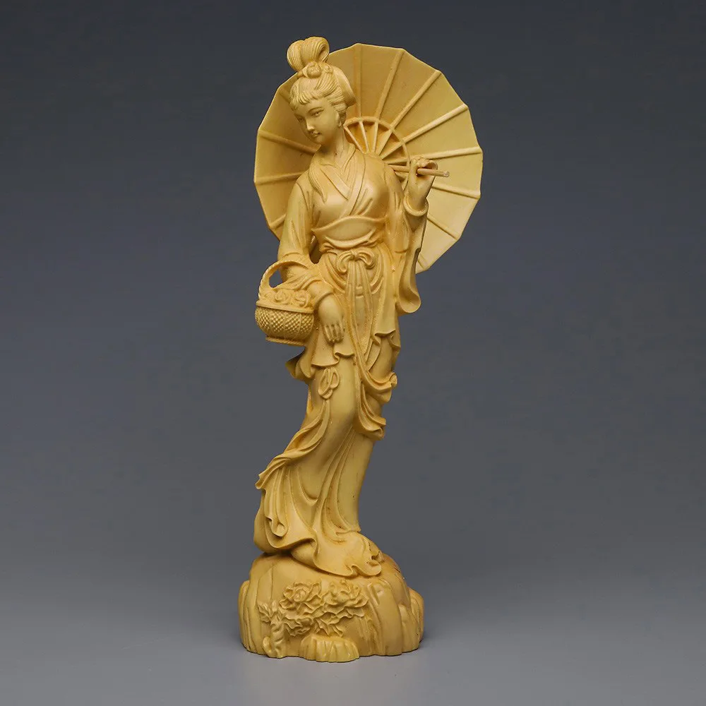 Boxwood carving umbrella beautiful woman solid wood carving ornament home living room study desktop decoration exquisite gift