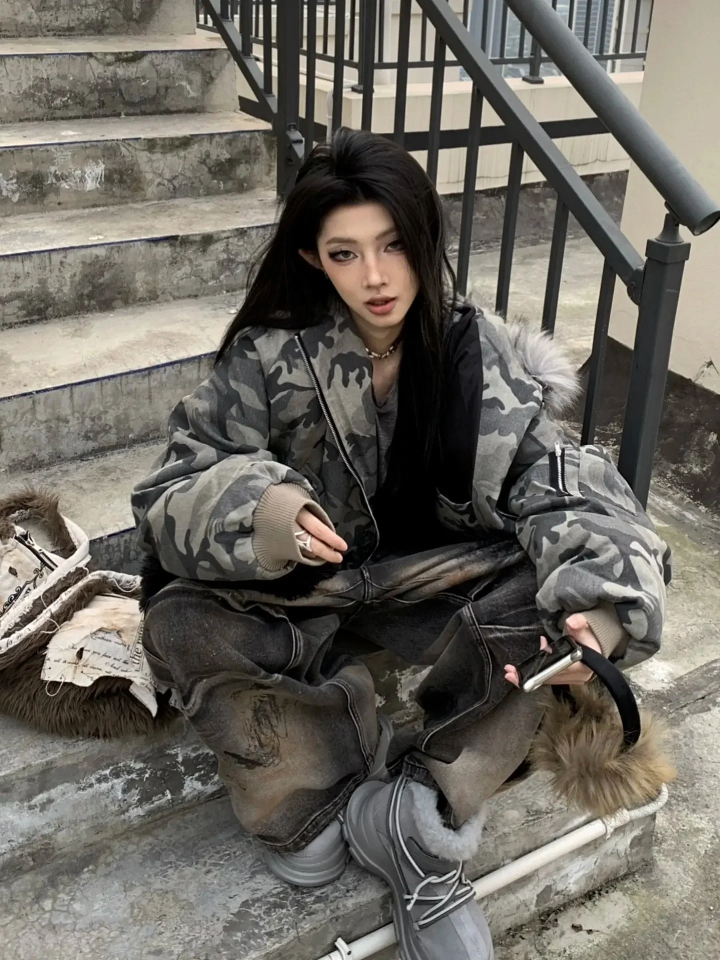 

Punk Style Camouflage Cotton Jacket Men Women Winter Coat American Retro Motorcycle Parka Workwear Trendy Short Length Zipper