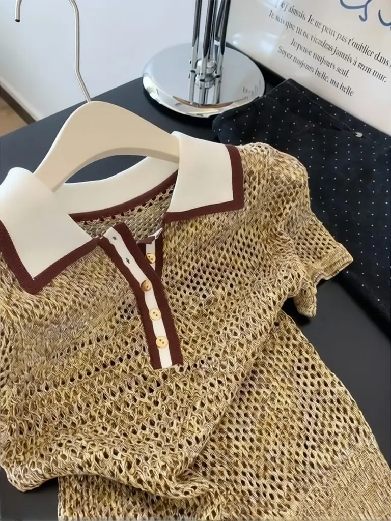 ZHIO Vintage 2000er Glänzendes Strick-Kurzarmshirt für Damen mit Polokragen, Sommer-Oberteil, Braun, Ausgehöhltes Strickwaren-Design, Lässiges T-Shirt