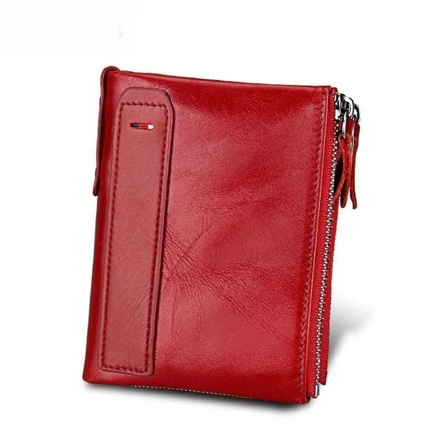 Skóra bydlęca prawdziwa damska portfel Bifold pani etui na dowód osobisty portmonetka podwójny zamek błyskawiczny małe kobiece mini torebki retro