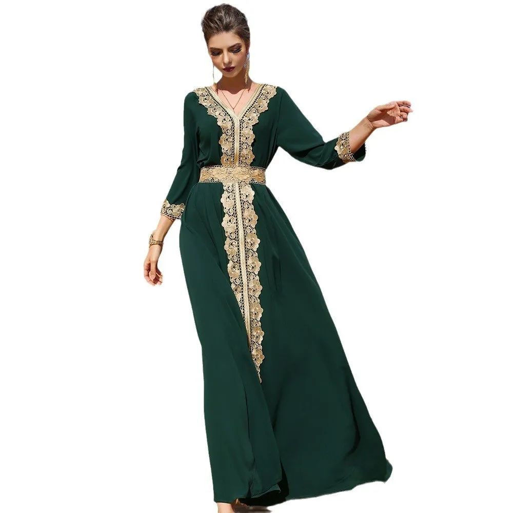 Women's Spring Summer Lace Embroidered V Neck Long Sleeve Loose Waist Pullover Solid Color Dress Luxury Kaftans Elegant Formal