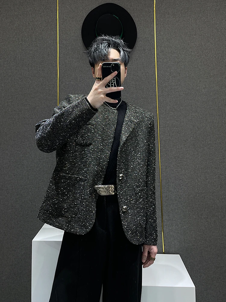 Stylish Shoulder Pad Men's Suit Jacket Neckless Trendy Design Korean Version Spring Autumn High Quality Fashionable Youth 