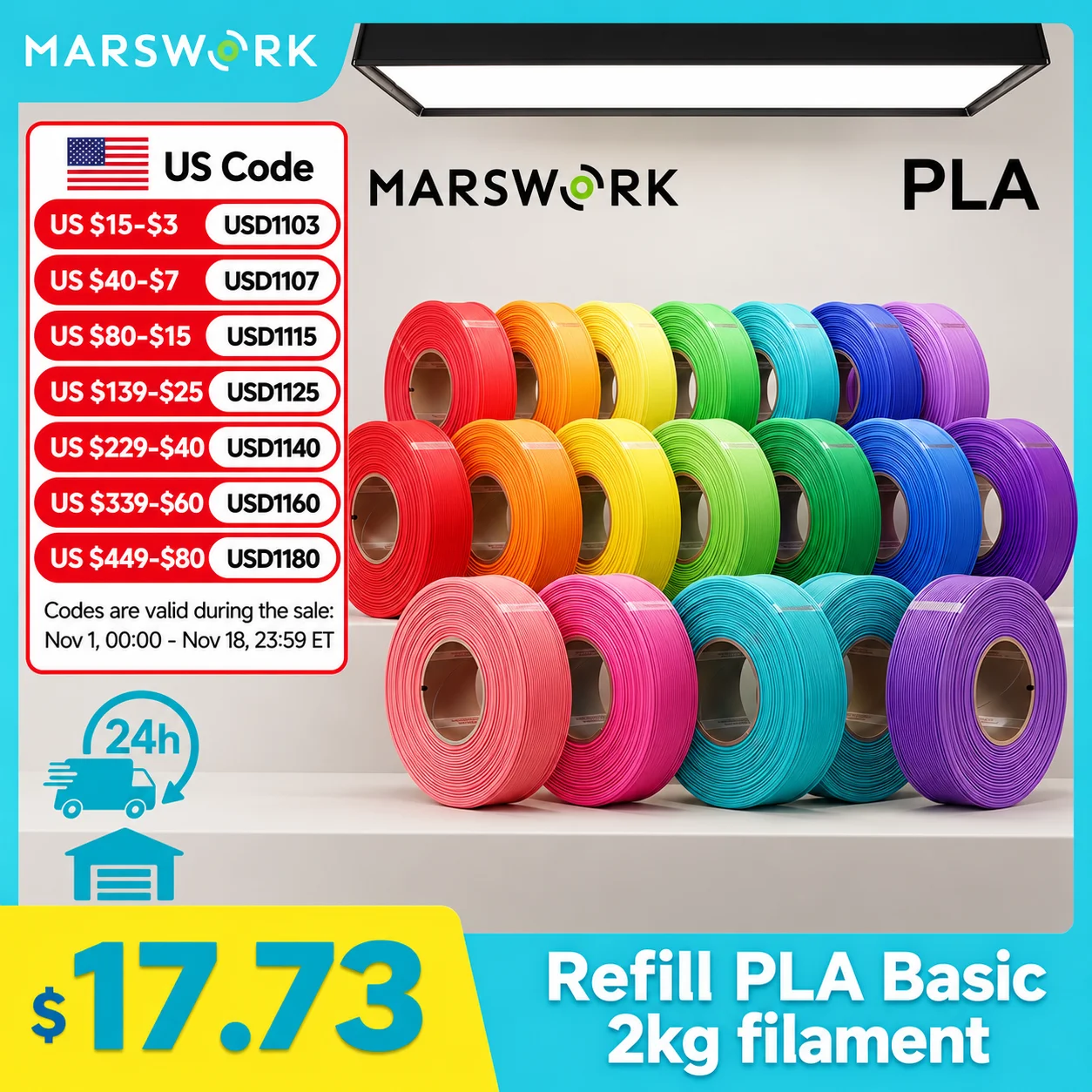 MarsWork PLA Basic Filament 2kg1.75mm Refill for Reusable Spool AMS Compatible with Color Swatch for Bambu Lab 3D Printers