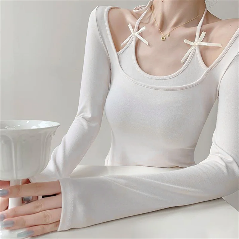 مثير كم طويل قمة الموضة الكورية الرسن الأعلى اقتصاص وهمية 2 قطع الخريف وتتسابق النساء تي شيرت المحاصيل الأعلى الوردي ربطة القوس فيونكة ديكور #4