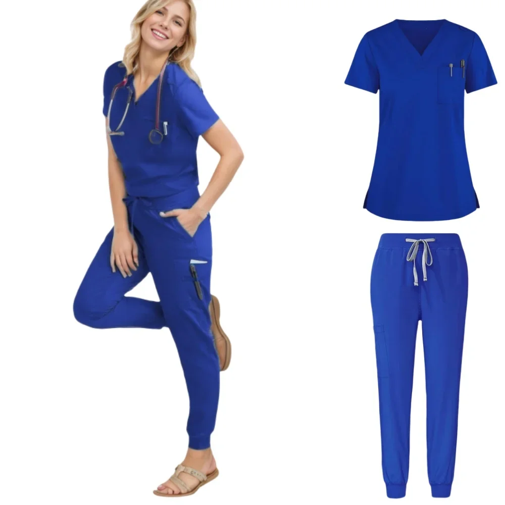 طقم بناطيل نسائية بأكمام قصيرة ورقبة على شكل حرف V ، زي تمريض ، فرك طبيب الحيوانات الأليفة متعدد الألوان ، ملابس عمل طبية ، بدلة موحدة للدعك