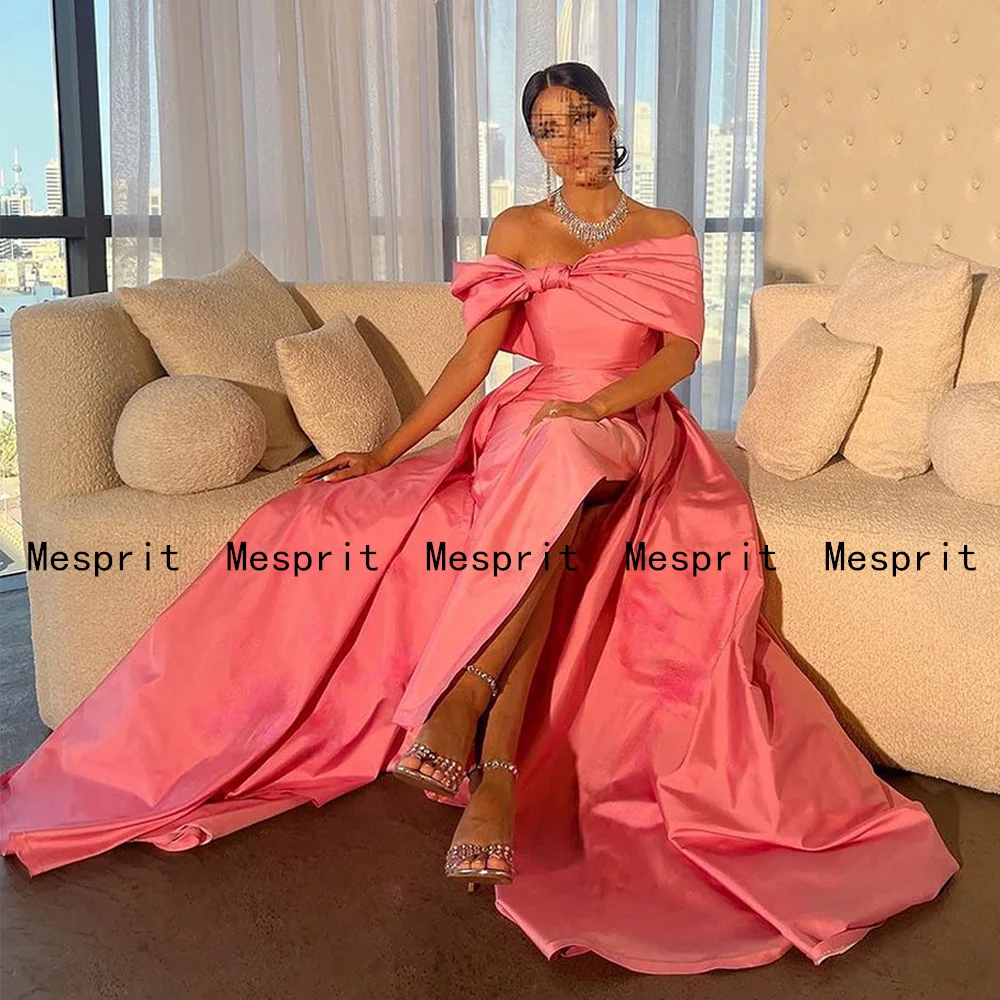 Hot Pink Evening Dress Customized Off Shoulder Slit Saudi Arab Prom Dresses Sweep Train Arabic Formal Party Gown Custom Color