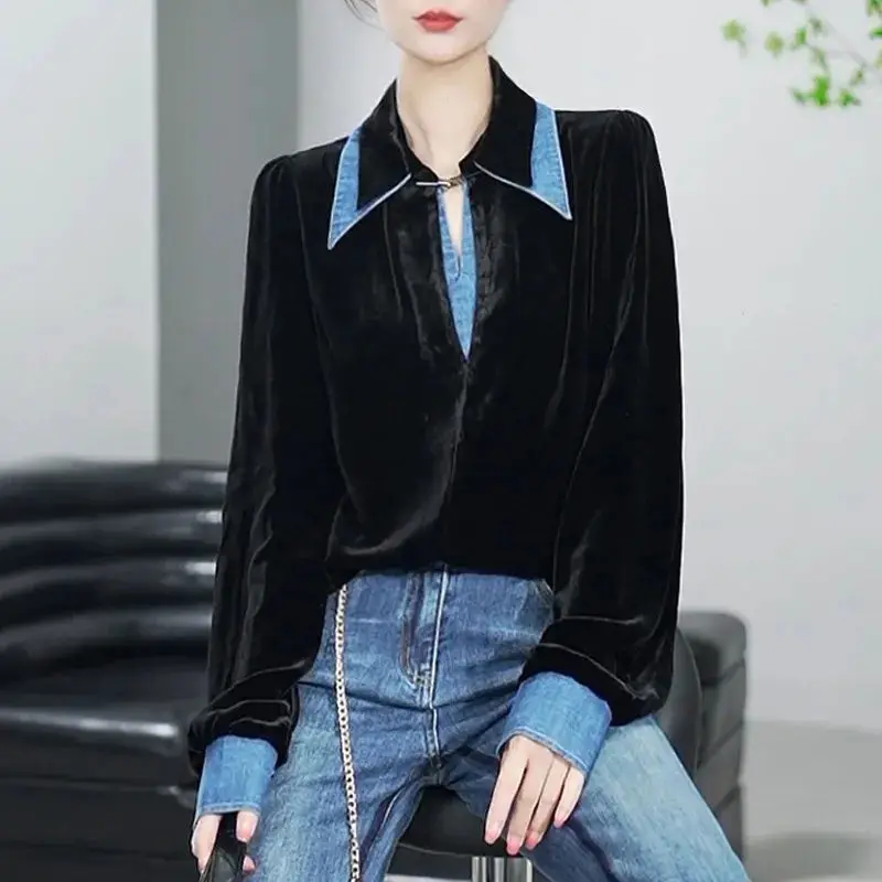 Casual Solid Color Denim Spliced Blouse Commute Turn-down Collar 2023 Spring Autumn Women\'s Clothing Long Sleeve Straight Shirt