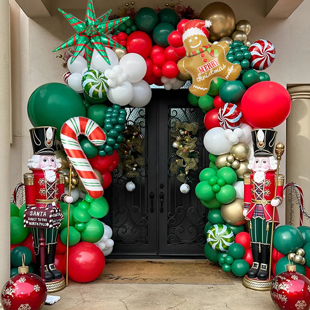 153pcs บอลลูนคริสต์มาส Garland Arch ชุดสีแดงสีเขียว Candy Cane Gingerbread Man บอลลูนวันเกิด Baby Shower Christmas PARTY Deco