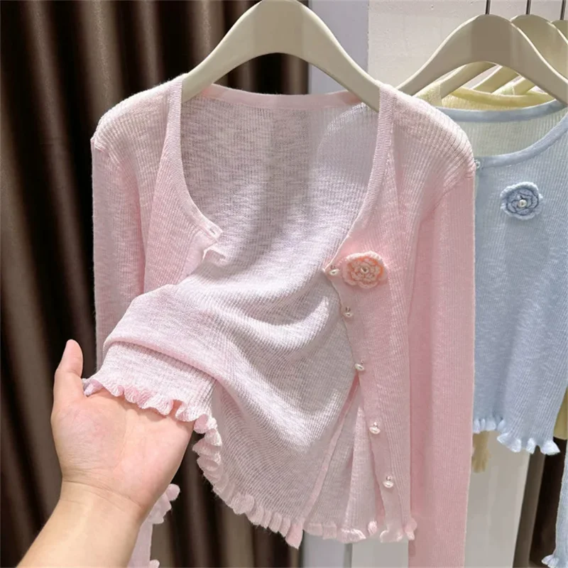 

2026 Spring Summer New Ice Silk Knit Women Cardigan Ruffle Floral Shawl Outer Wear Knitted Coat Cropped Cardigan