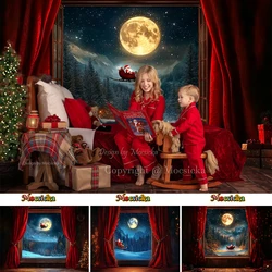 Mocsicka Christmas Night Background Photography Xmas Room Window Moon Red Curtain Backdrop Santa Claus Kids Winter Photo Studio