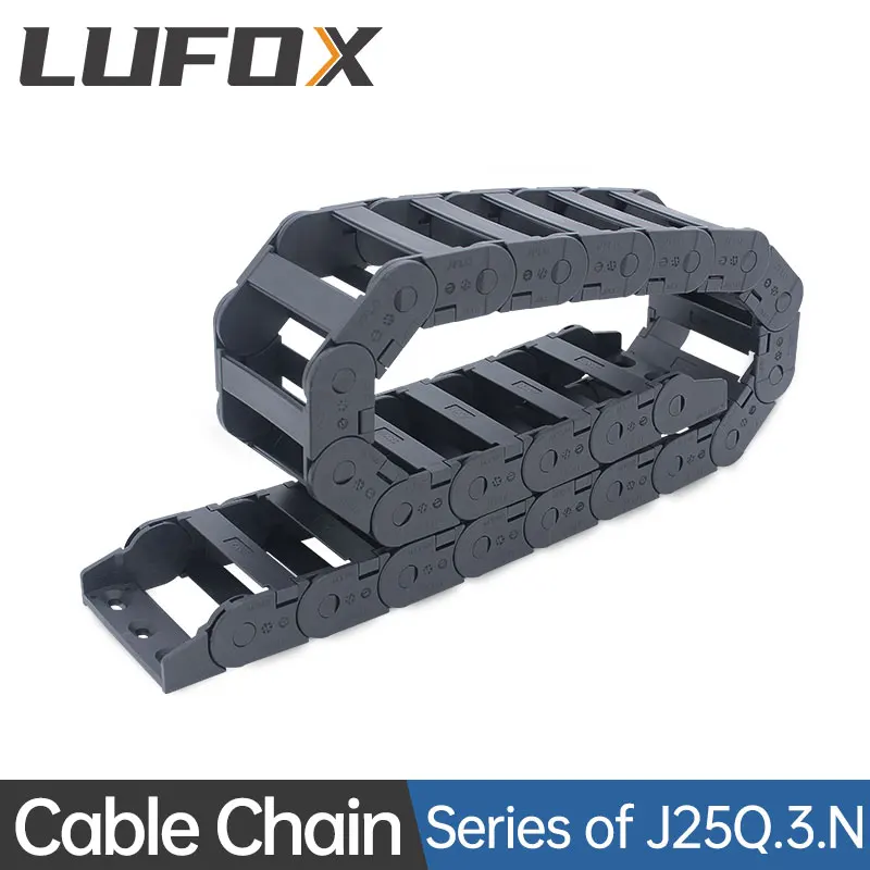 High-quality nylon e-chain J25Q.3.N Bridge version with 1 m open cable on the inside and bending radii 55, 75,100