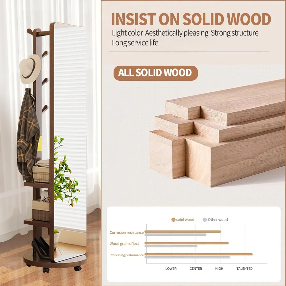 Ganzkörperspiegel, Ganzkörperspiegel, übergroßer Bodenspiegel aus massivem Holz mit Garderobe, Ständer, lange Spiegel mit Ablageflächen f