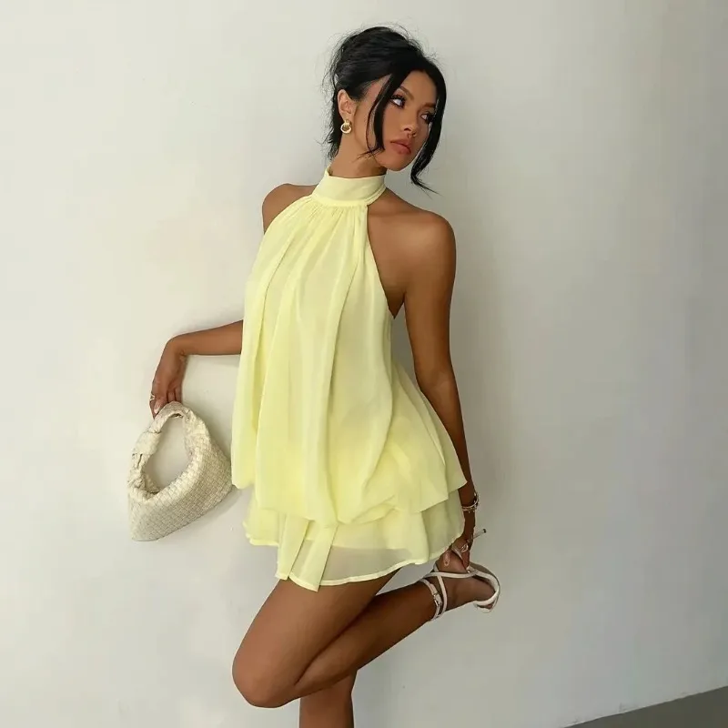 Women Halter Neck Backless Ruffle Chiffon Romper Double Layer Flowy Skort Mini Jumpsuit Summer Beach Party Short Outfit Dresses