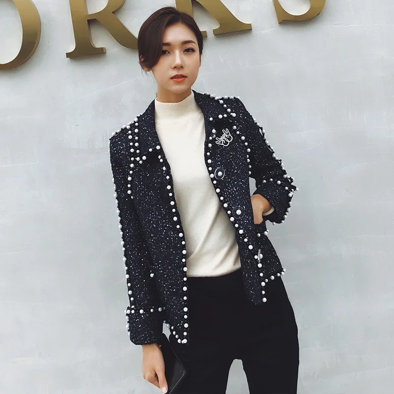 New style  fragrant tweed celebrity temperament nail bead Lapel sweet woolen short coat