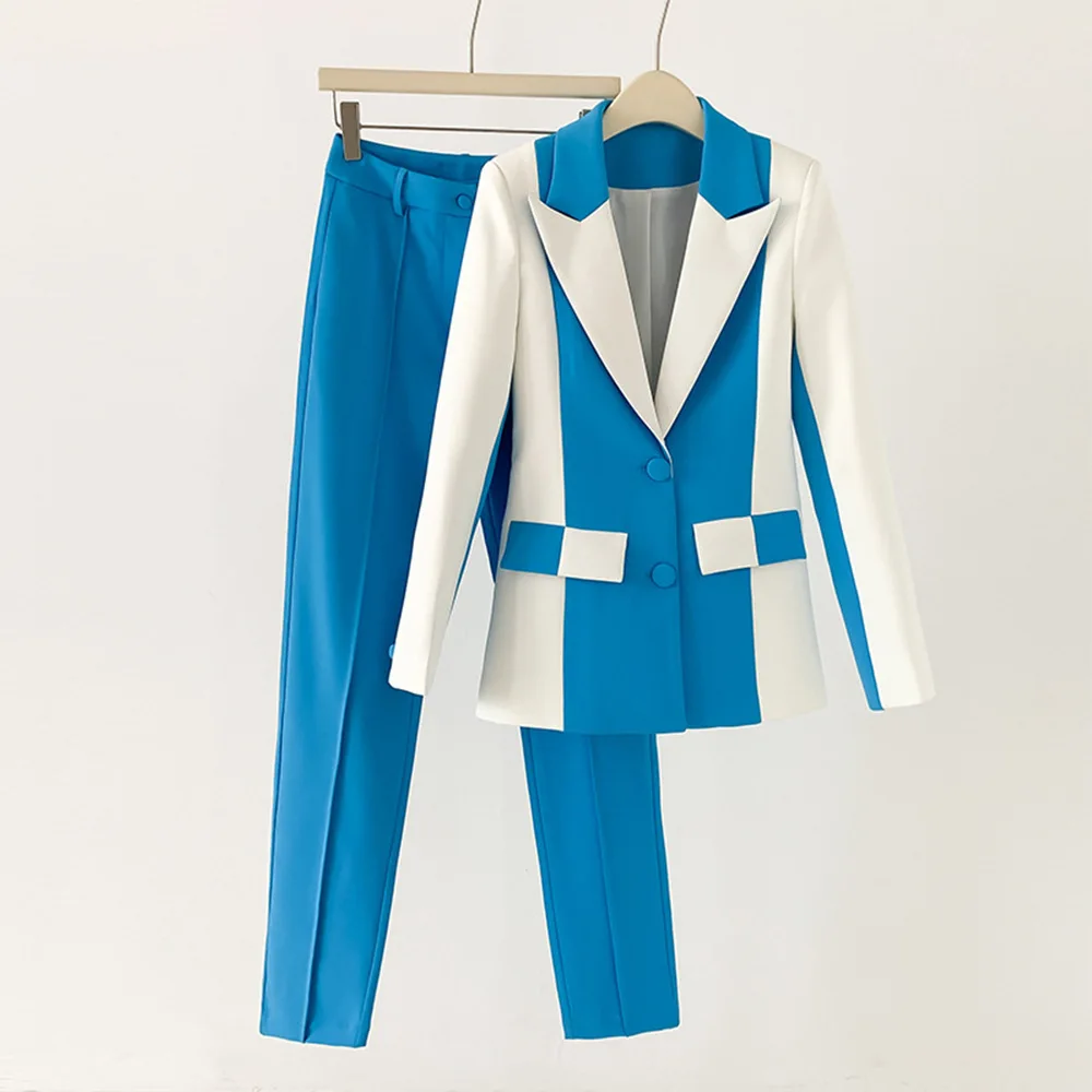 Blue White Women Suit Set 2 Pcs Patchwork Color Jacket+Pants Spring Office Lady Daily Work Wear Cotton Coat Prom Dress Trousers