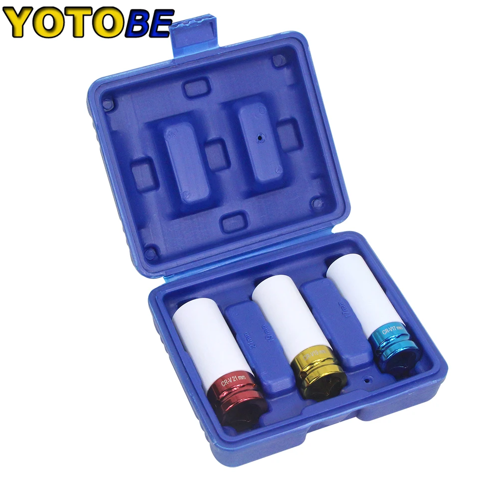 

3Pcs 1/2 Inch Dr Alloy Wheel Deep Impact Lug Nut Socket Set 17mm 19mm 21mm Auto Repair Tools