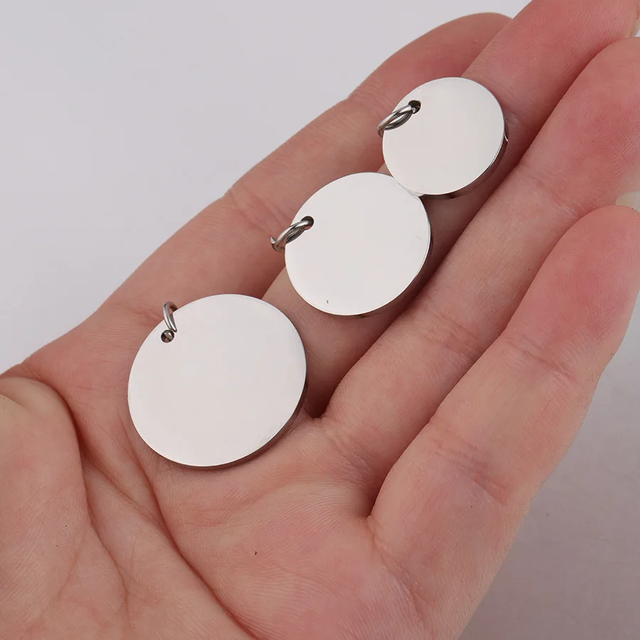 20pcs/lot 10/12/15/18/20/25mm Mirror Polished Stainless Steel Round Disc Charms DIY Blanks Tag With Hang Ring Wholesale