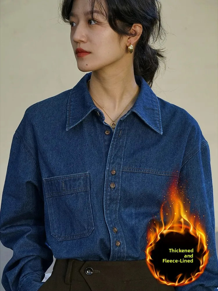 

Ретро-рубашка из плотного денима на флисовой подкладке для женщин: осенне-зимняя, на раннюю весну, для многослойной носки, как базовый слой или куртка