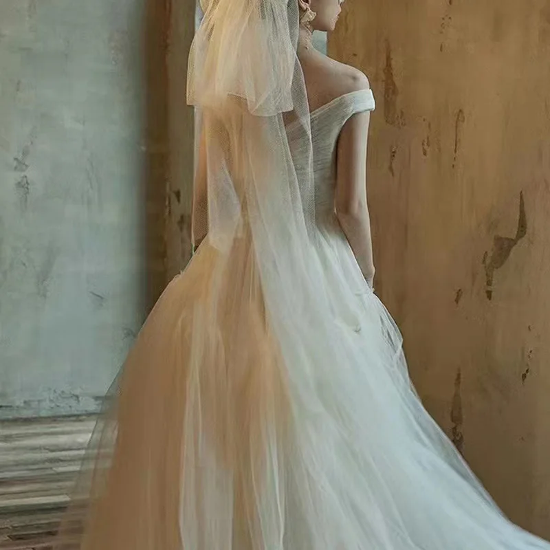 Off-Shoulder Simple Wedding Dress V-Neck 2022 Korean Tulle A-Line 웨딩드레스 Cap Straps Bridal Gowns Zipper Up Sweep Train Wedding