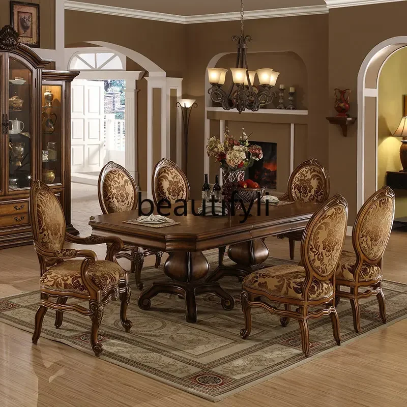 European solid wood dining table and chair combination American carved design dining table American home dining table2936