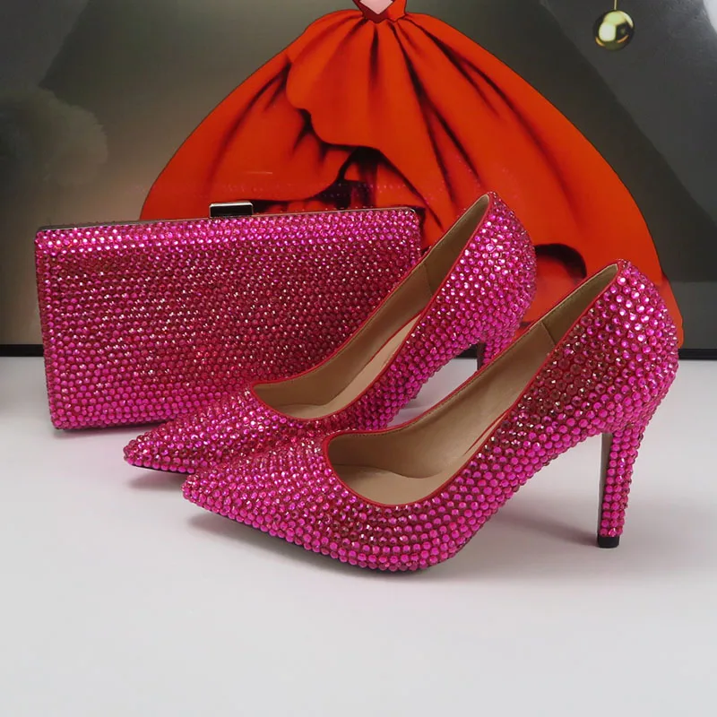 BaoYaFang Fuschia Party Shoe and bag crystal Bridal Wedding shoes and purse for Women Fashion High Pumps Pointed Toe shoe Women