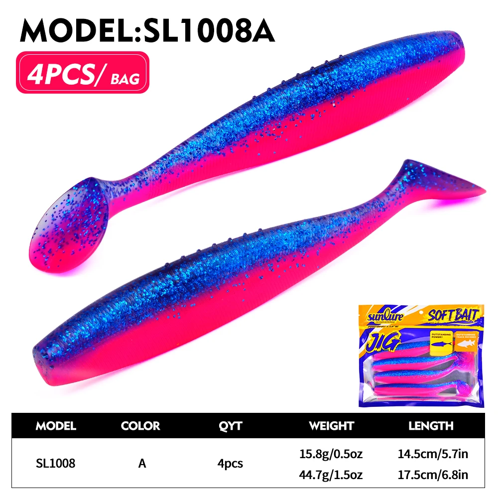 Sunlure 4 Stück/Beutel T-Tail Paddle Weichköder Künstlicher Silikon-Glitzer-Swimbait 14,5/17,5 cm Weichköder für Bass-Salzwasserfischen Pesca